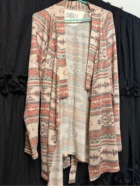 Women's Open-Front Aztec Printed Cardigan - Beige & Rust